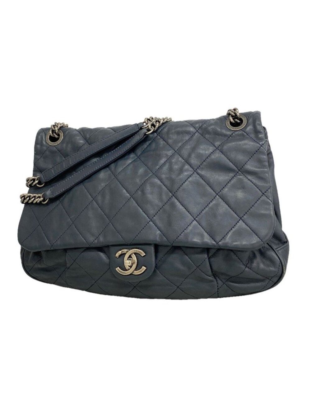 Chanel Shoulder Bag Quilted Leather Navy Silver